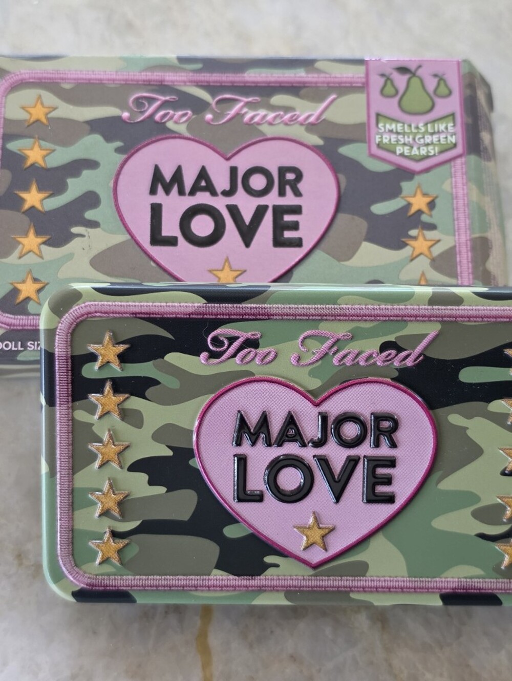 Too Faced Major Love Pink Heart Camo Tin with Gold Stars